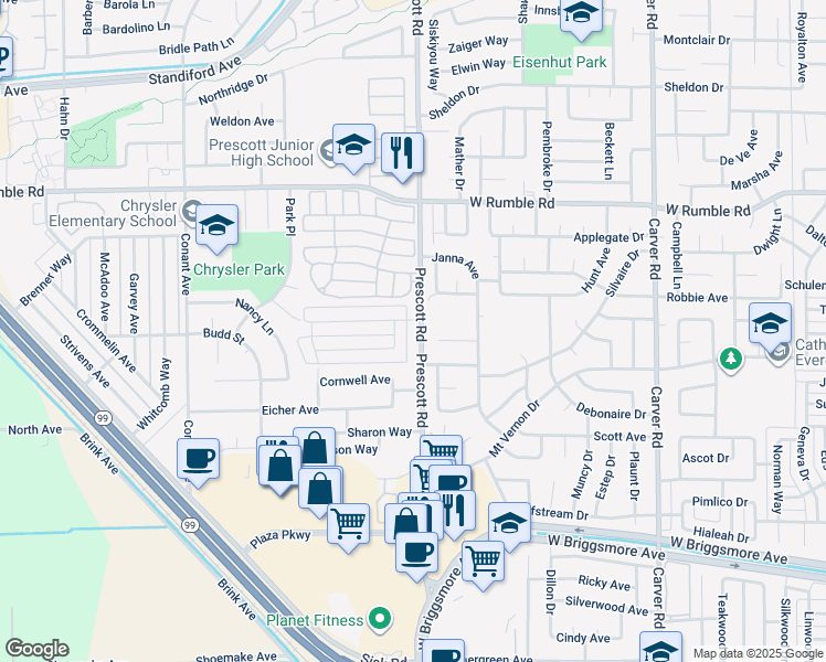 map of restaurants, bars, coffee shops, grocery stores, and more near 2105 Chrysler Drive in Modesto