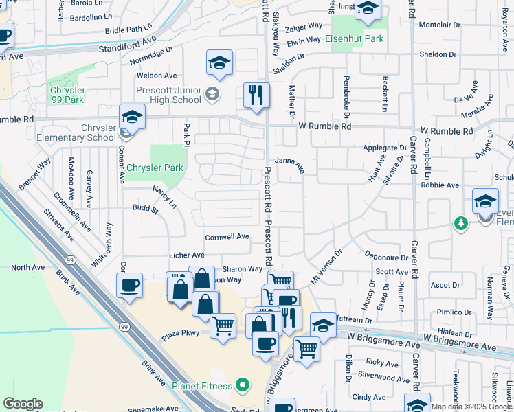 map of restaurants, bars, coffee shops, grocery stores, and more near 2105 Chrysler Drive in Modesto