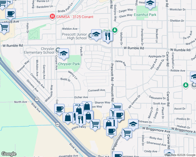 map of restaurants, bars, coffee shops, grocery stores, and more near 2129 Chrysler Drive in Modesto