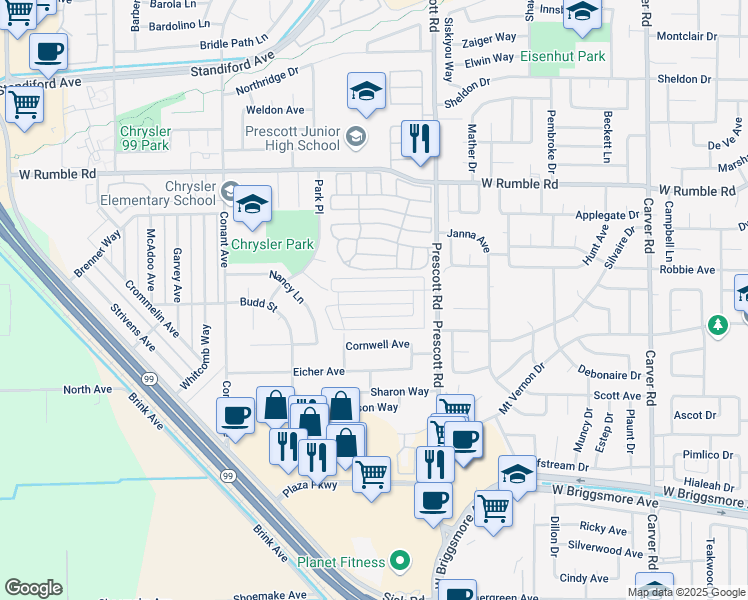 map of restaurants, bars, coffee shops, grocery stores, and more near 2129 Chrysler Drive in Modesto