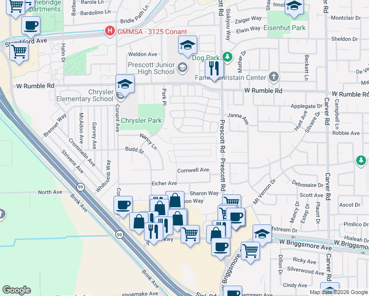 map of restaurants, bars, coffee shops, grocery stores, and more near 2217 Chrysler Drive in Modesto