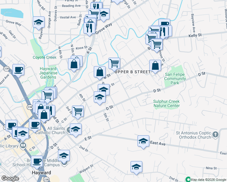 map of restaurants, bars, coffee shops, grocery stores, and more near 1618 C Street in Hayward