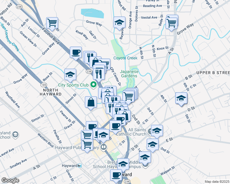 map of restaurants, bars, coffee shops, grocery stores, and more near 22363-22399 City Center Drive in Hayward