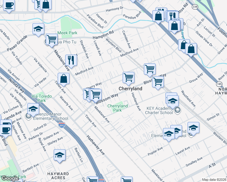 map of restaurants, bars, coffee shops, grocery stores, and more near 311 Saint George Street in Hayward