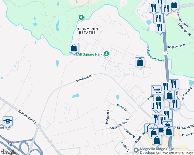 map of restaurants, bars, coffee shops, grocery stores, and more near 2045 Pruett Court in Glen Allen