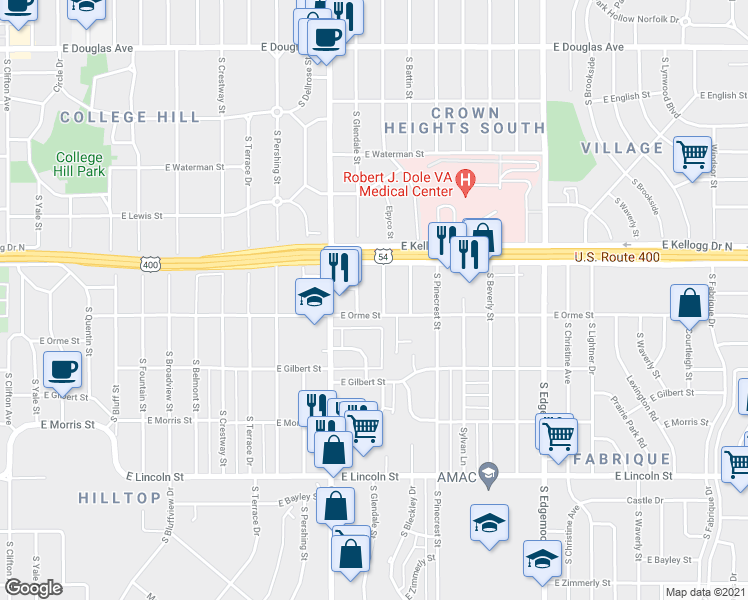 map of restaurants, bars, coffee shops, grocery stores, and more near 5025 East Kellogg Drive in Wichita