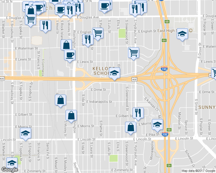 map of restaurants, bars, coffee shops, grocery stores, and more near 1328 East Kellogg Drive South in Wichita