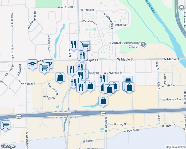 map of restaurants, bars, coffee shops, grocery stores, and more near in Wichita
