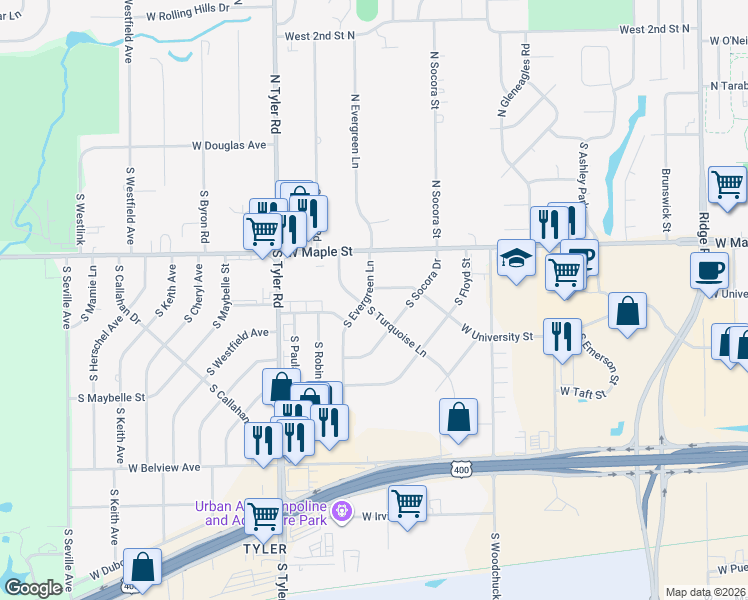 map of restaurants, bars, coffee shops, grocery stores, and more near 330 South Evergreen Lane in Wichita