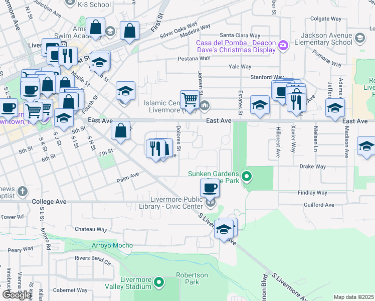map of restaurants, bars, coffee shops, grocery stores, and more near 3550 Pacific Avenue in Livermore