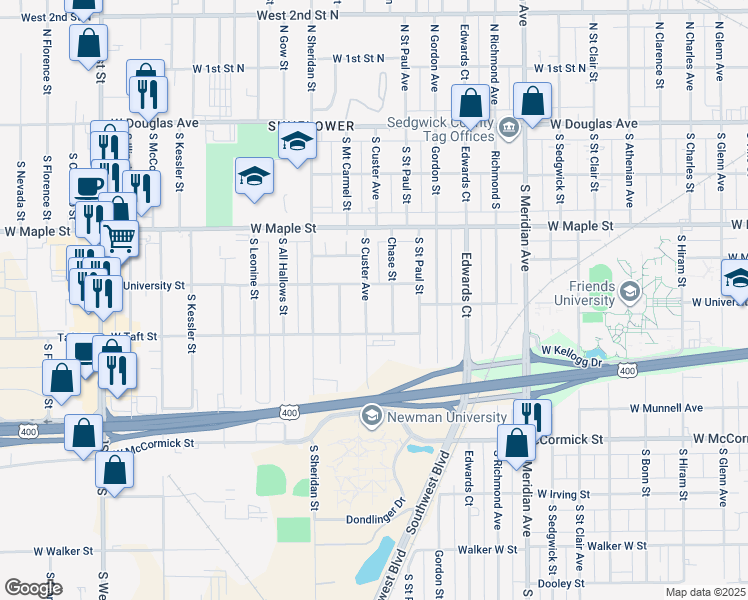 map of restaurants, bars, coffee shops, grocery stores, and more near 606 South Custer Avenue in Wichita
