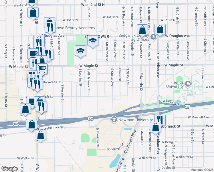 map of restaurants, bars, coffee shops, grocery stores, and more near 3116 West University Street in Wichita
