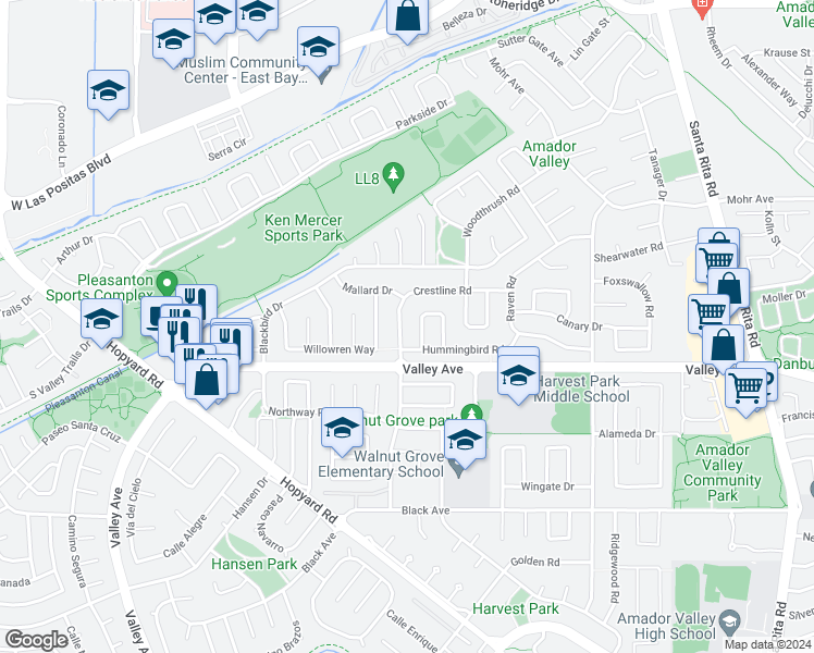 map of restaurants, bars, coffee shops, grocery stores, and more near 2421 Crestline Road in Pleasanton