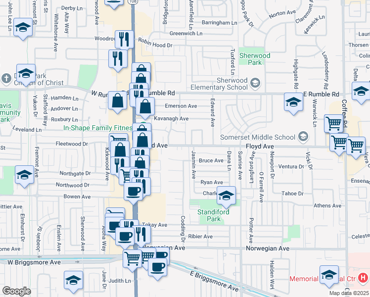 map of restaurants, bars, coffee shops, grocery stores, and more near 232 Floyd Avenue in Modesto