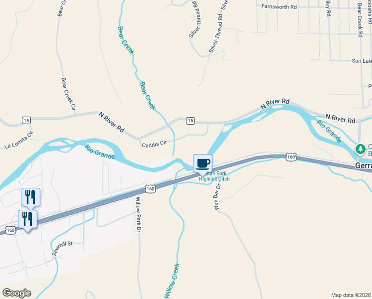 map of restaurants, bars, coffee shops, grocery stores, and more near 278 Caddis Circle in South Fork