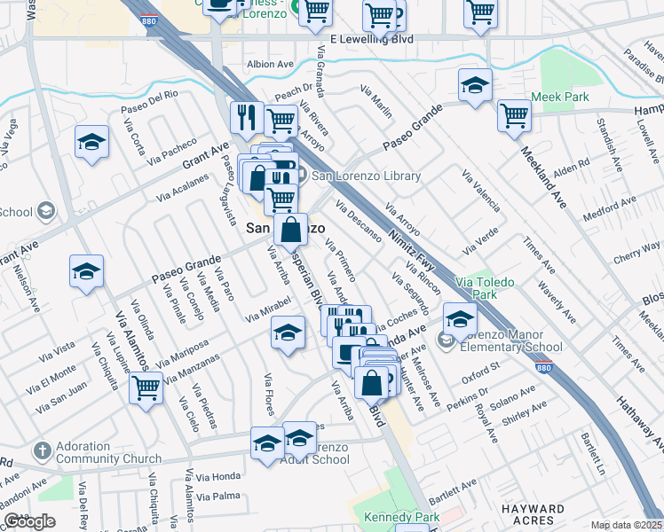 map of restaurants, bars, coffee shops, grocery stores, and more near 16108 Via Primero in San Lorenzo