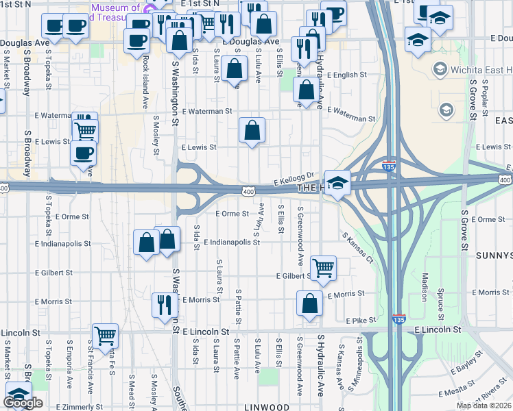 map of restaurants, bars, coffee shops, grocery stores, and more near 1328 East Kellogg Drive South in Wichita