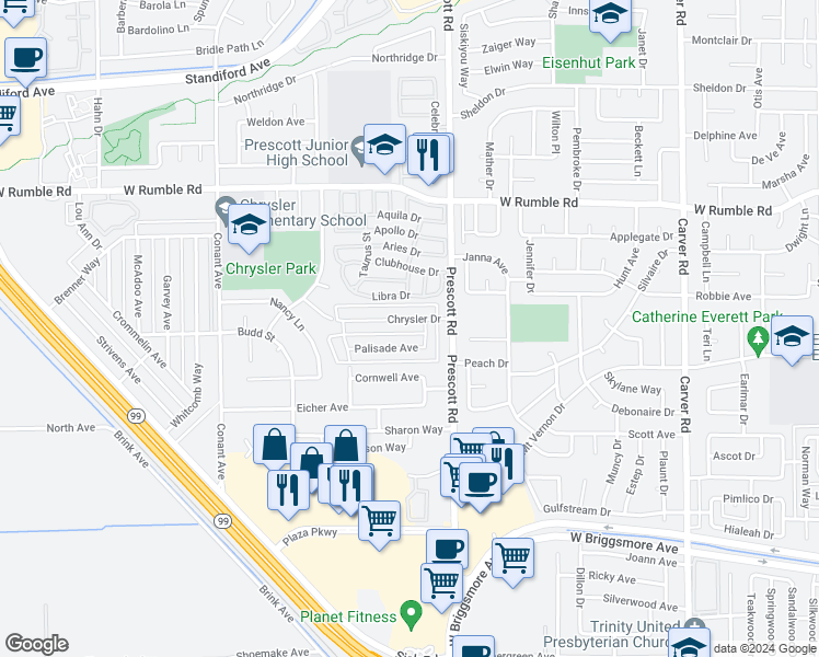 map of restaurants, bars, coffee shops, grocery stores, and more near 2120 Chrysler Drive in Modesto