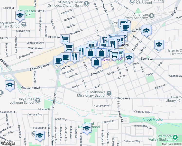 map of restaurants, bars, coffee shops, grocery stores, and more near 1738 Fourth Street in Livermore