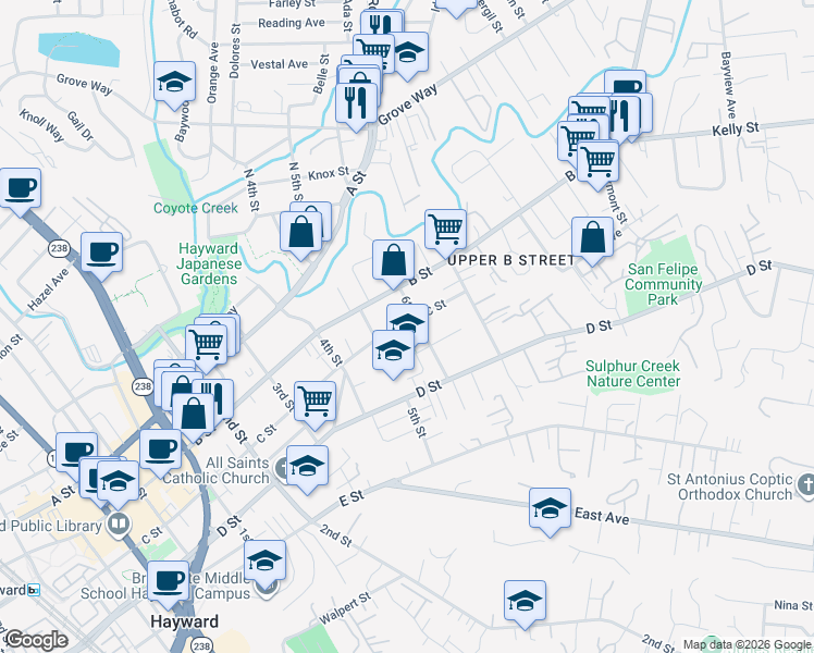 map of restaurants, bars, coffee shops, grocery stores, and more near 1587 C Street in Hayward