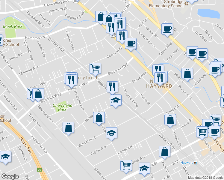 map of restaurants, bars, coffee shops, grocery stores, and more near Western Boulevard in Hayward