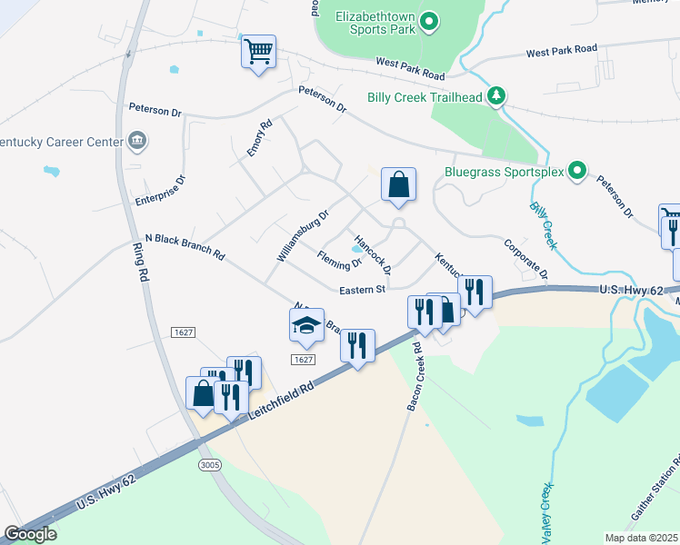 map of restaurants, bars, coffee shops, grocery stores, and more near 1301-1313 Fleming Drive in Elizabethtown