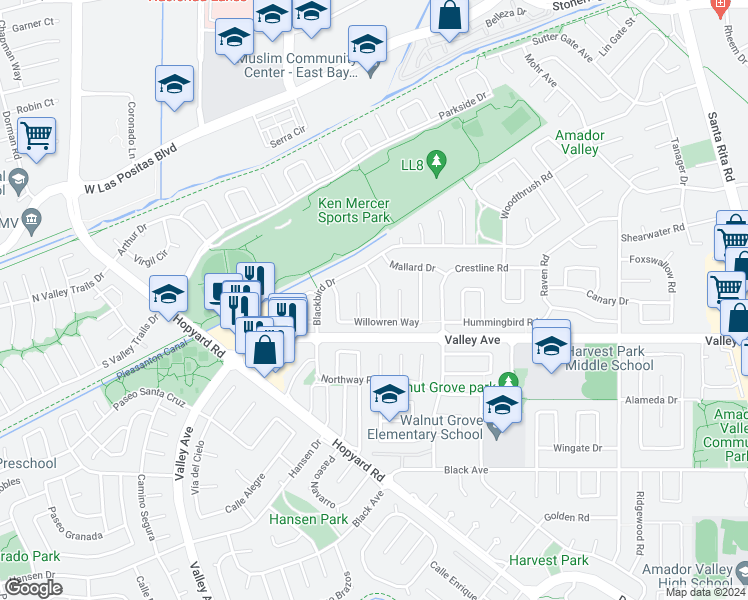 map of restaurants, bars, coffee shops, grocery stores, and more near 2664 Turnstone Drive in Pleasanton