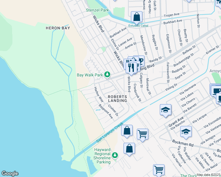 map of restaurants, bars, coffee shops, grocery stores, and more near 2218 Charter Way in San Leandro