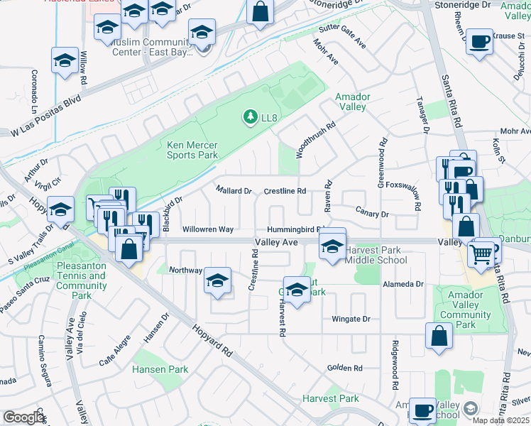 map of restaurants, bars, coffee shops, grocery stores, and more near 2320 Sandpiper Way in Pleasanton