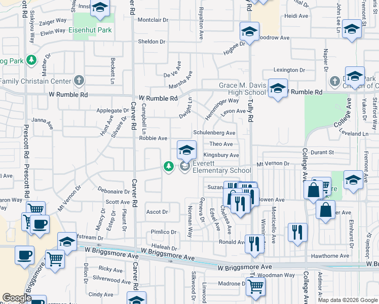 map of restaurants, bars, coffee shops, grocery stores, and more near 2508 Cheryl Lane in Modesto
