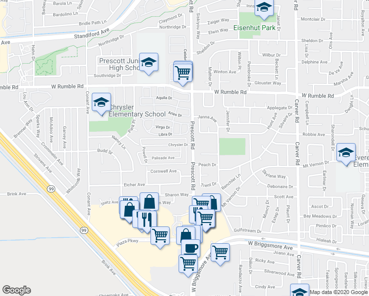 map of restaurants, bars, coffee shops, grocery stores, and more near in Modesto