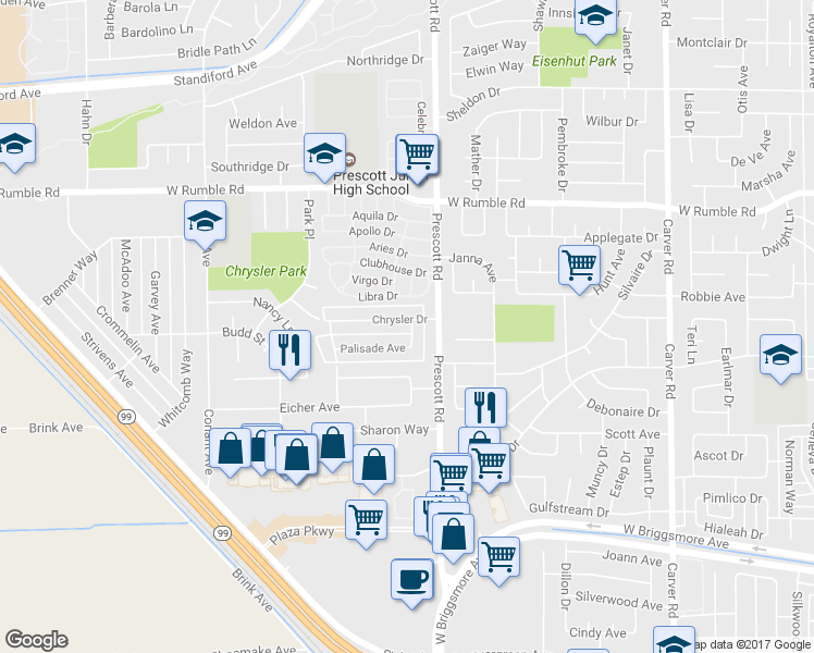 map of restaurants, bars, coffee shops, grocery stores, and more near in Modesto