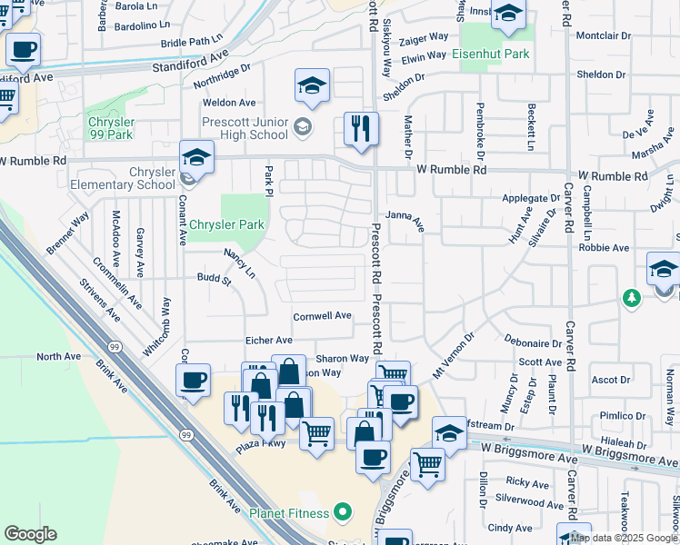 map of restaurants, bars, coffee shops, grocery stores, and more near 2129 Chrysler Drive in Modesto