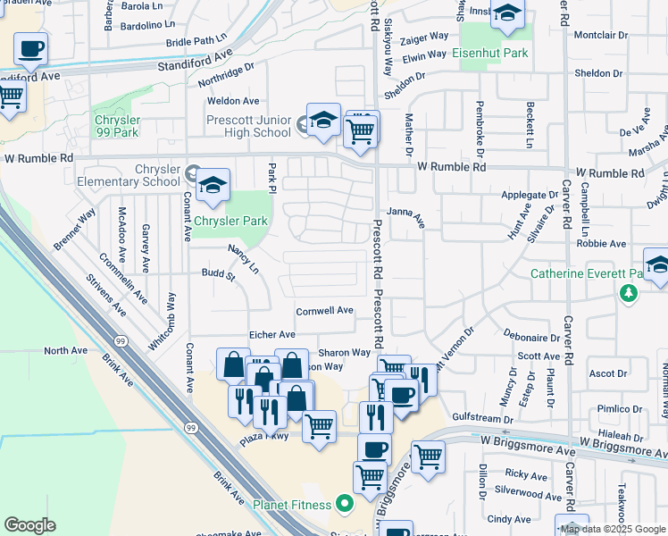 map of restaurants, bars, coffee shops, grocery stores, and more near 2129 Chrysler Drive in Modesto