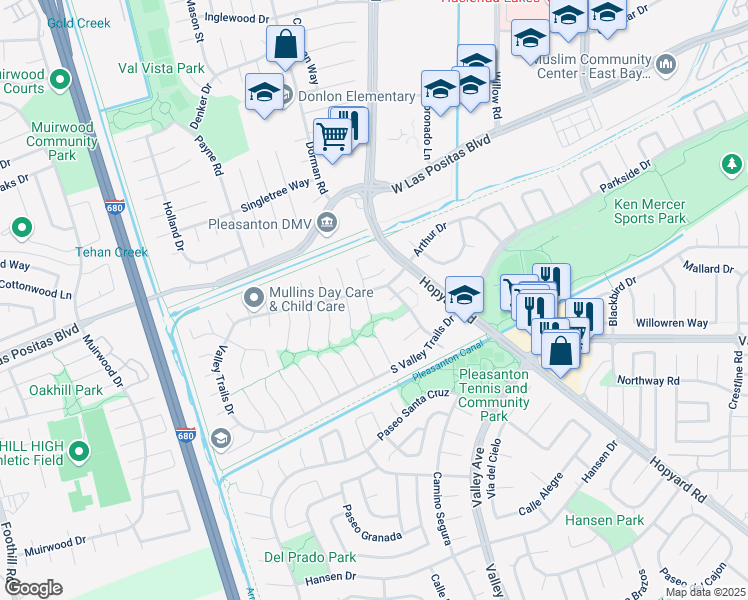 map of restaurants, bars, coffee shops, grocery stores, and more near in Pleasanton