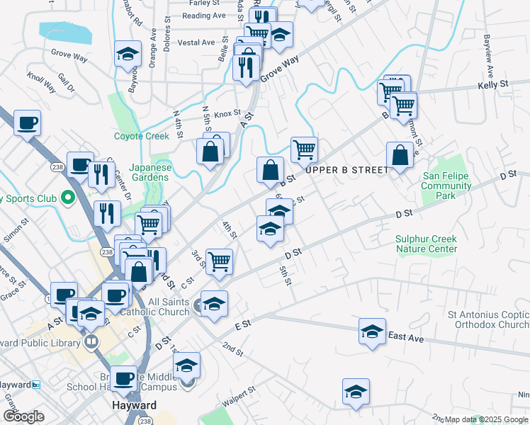 map of restaurants, bars, coffee shops, grocery stores, and more near in Hayward