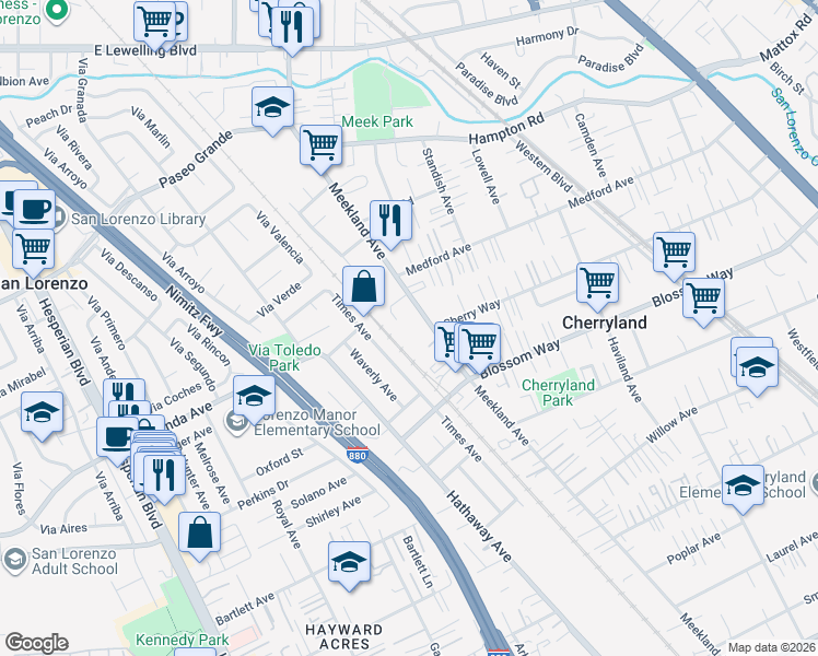 map of restaurants, bars, coffee shops, grocery stores, and more near 19349 Meekland Avenue in Hayward