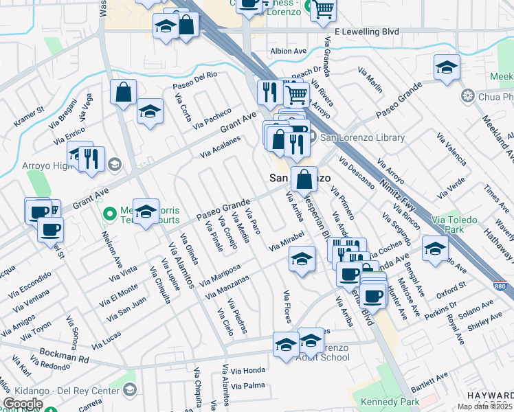 map of restaurants, bars, coffee shops, grocery stores, and more near 663 Paseo Grande in San Lorenzo