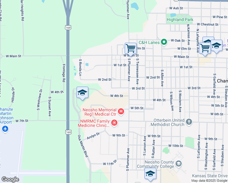 map of restaurants, bars, coffee shops, grocery stores, and more near 221 South Denman Avenue in Chanute