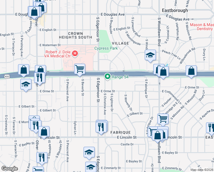 map of restaurants, bars, coffee shops, grocery stores, and more near 506 South Edgemoor Street in Wichita