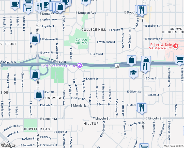 map of restaurants, bars, coffee shops, grocery stores, and more near 3914 East Longview Lane in Wichita