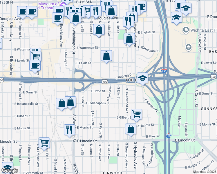map of restaurants, bars, coffee shops, grocery stores, and more near 1328 East Kellogg Drive South in Wichita
