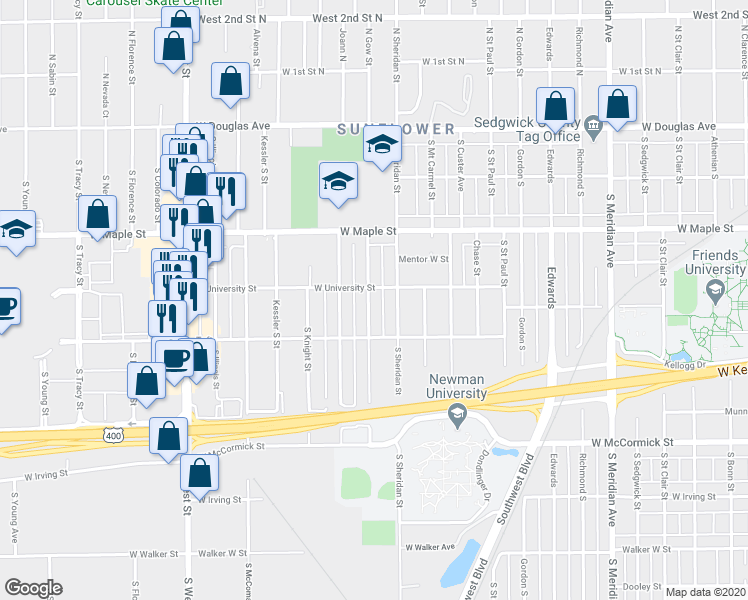map of restaurants, bars, coffee shops, grocery stores, and more near 360 South All Hallows Street in Wichita