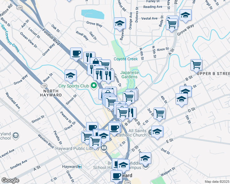 map of restaurants, bars, coffee shops, grocery stores, and more near 22399 City Center Drive in Hayward