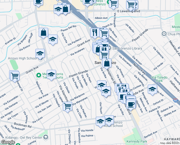 map of restaurants, bars, coffee shops, grocery stores, and more near 663 Paseo Grande in San Lorenzo