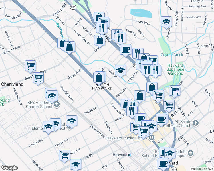 map of restaurants, bars, coffee shops, grocery stores, and more near 22110 Mission Boulevard in Hayward