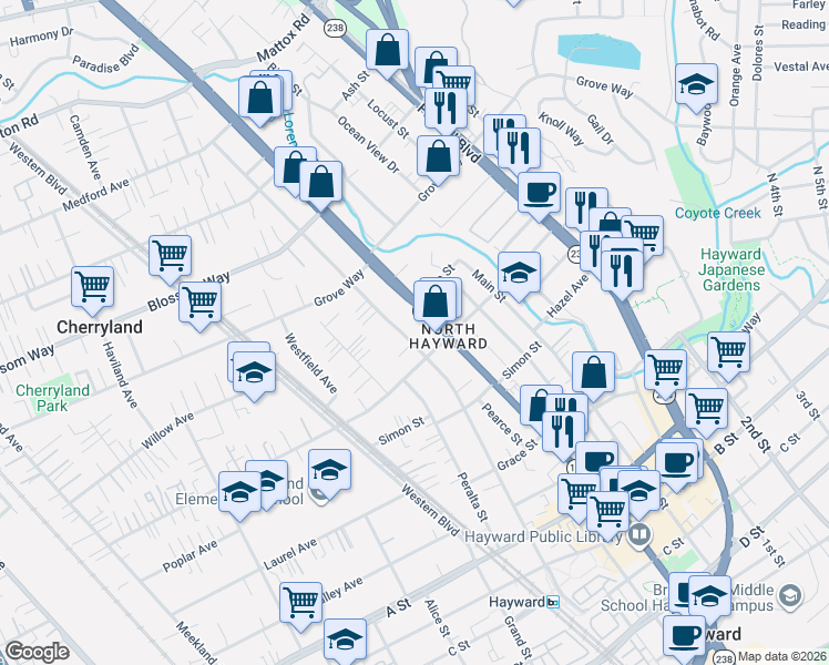 map of restaurants, bars, coffee shops, grocery stores, and more near 21696 Montgomery Street in Hayward
