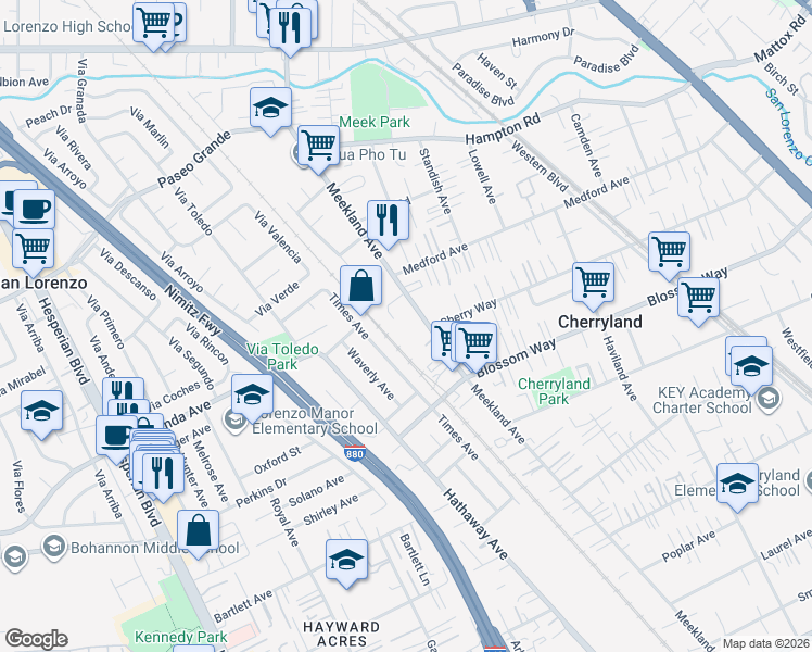 map of restaurants, bars, coffee shops, grocery stores, and more near 19349 Meekland Avenue in Hayward