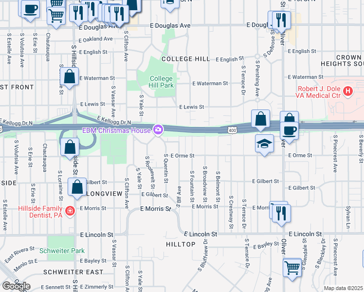 map of restaurants, bars, coffee shops, grocery stores, and more near 3914 East Longview Lane in Wichita