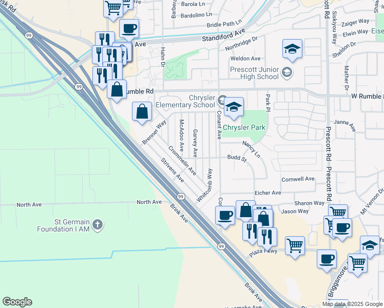 map of restaurants, bars, coffee shops, grocery stores, and more near 2505 Garvey Avenue in Modesto
